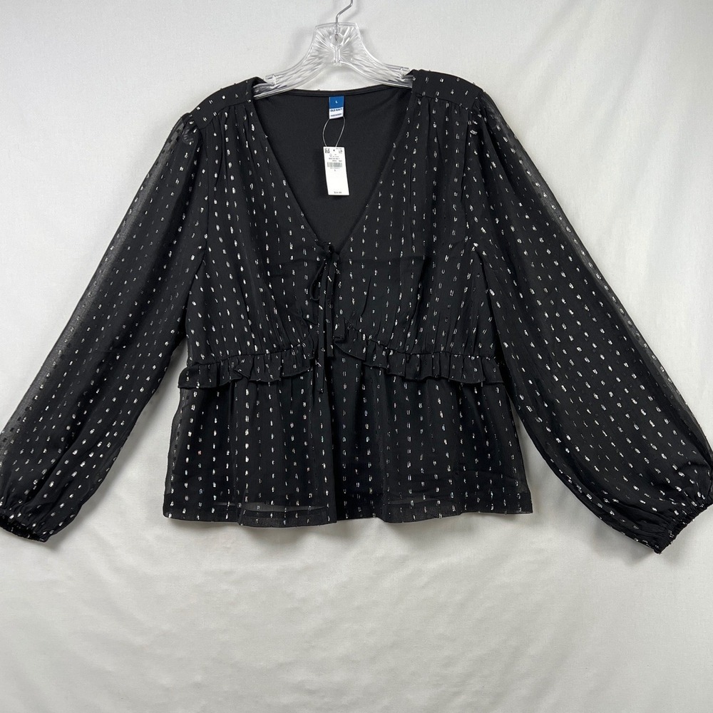 Old Navy Babydoll Top Womens Large Black Silver Metallic Stripe V-Neck Tie Front
